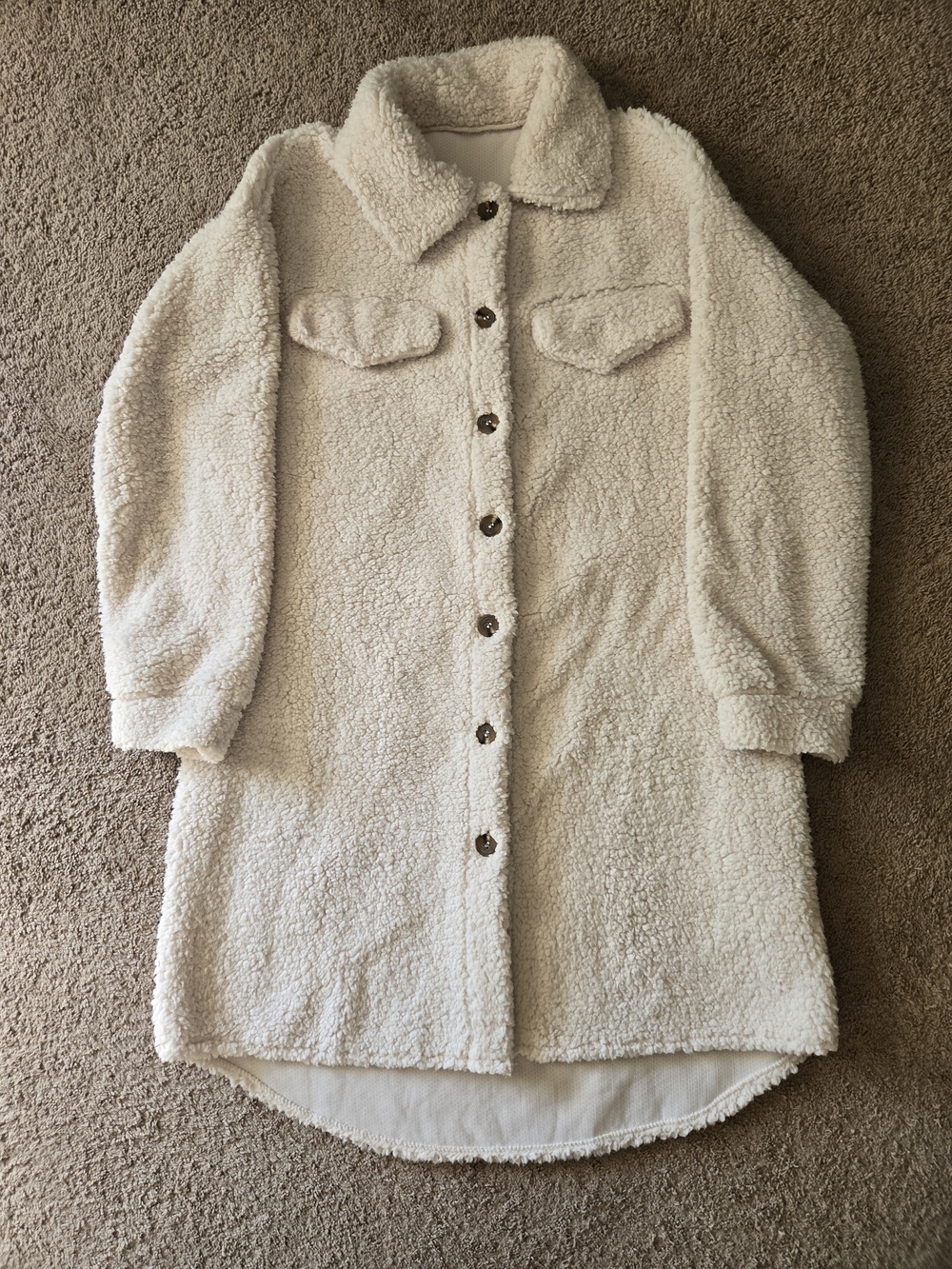 Cozy Teddy Fleece Long Shirt Jacket Cream Shacket Size L Excellent Condition